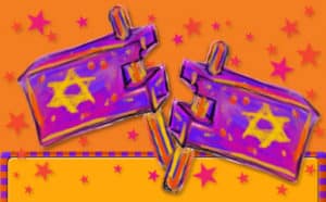 With a bright orange background, this image shows two purple flags flying with the Star of David on them. Across the whole page are stars covering both the flags and the background.