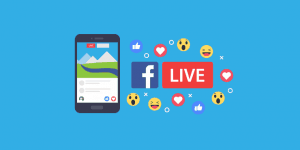 An image of a cartoon phone open to facebook and next to it is the facebook logo, a white f inside a blue box and the word “LIVE” demonstrating that there will be a facebook live. The logo and words are surrounded by emojis of smiling faces, hearts, and thumbs up icons. 