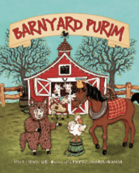 A book cover titled: Barnyard Purim by Kelly Terwilliger. The cover image features cartoon animals in front of a red barn, all dressed up in costumes for Purim.