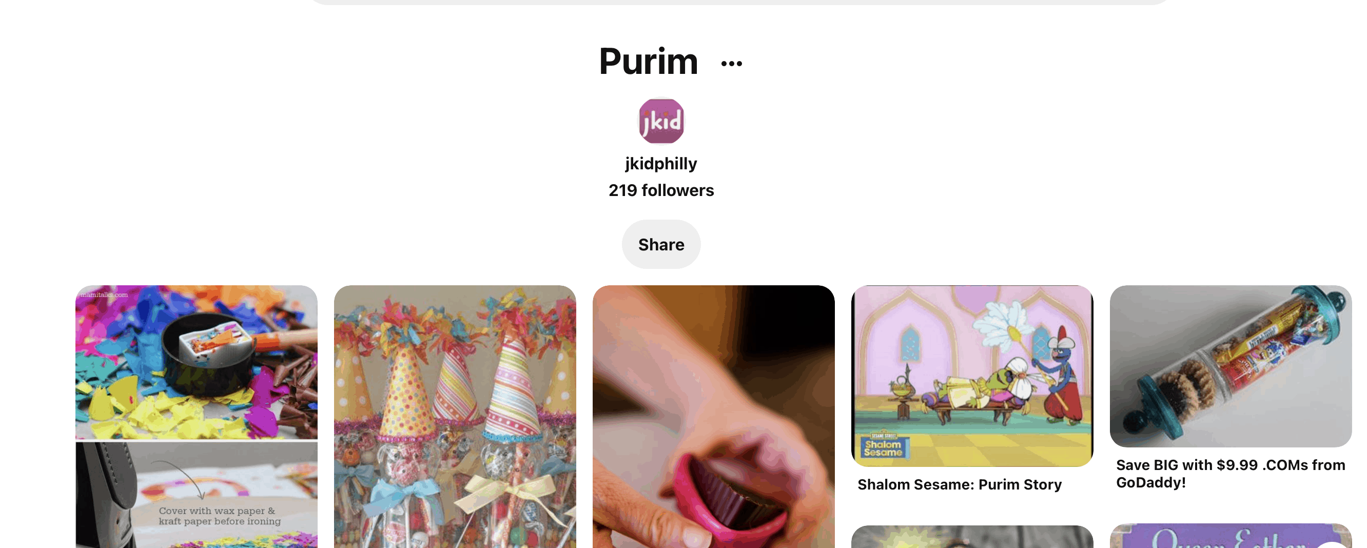 A Purim pinterest board with celebratory items such as party hats as well as desserts such as chocolate.