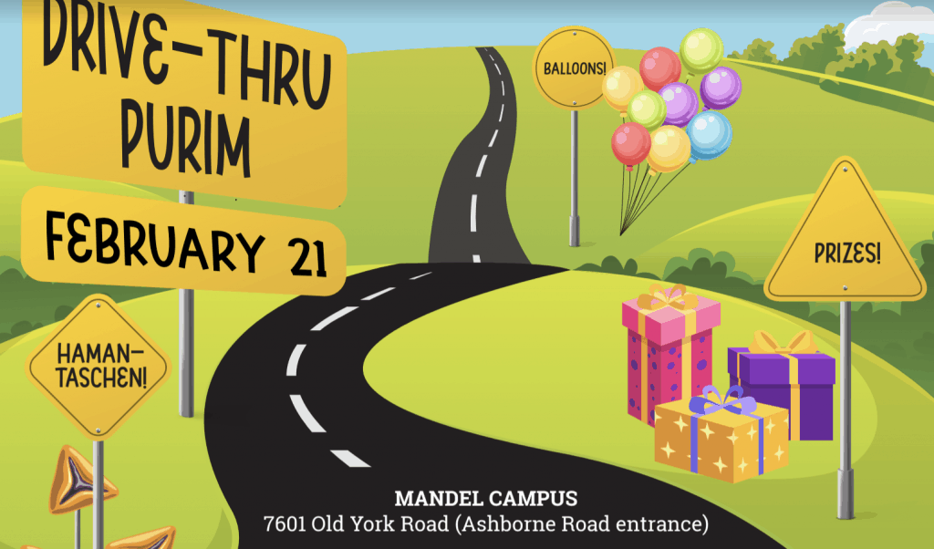 An illustration of a road going over green hills into the distance. Signs along the way say: "Drive-thru Purim" "February 21" "Hamantaschen!" "Balloons!" "Prizes!"