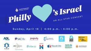 A blue banner that says "Jewish Federation of Greater Philadelphia. Philly Loves Israel: An All-Star Concert. Sunday, April 18, 4:00pm-5:00pm. At the bottom, logos for: the ADL, Israeli American Council, j kid philly, Jewish graduate student network, moshe house philly, gershman philadelphia jewish film festival, YJLC, JPSP, tribe 12, hadassah, maccabi USA, kaplan close care, jewish federation of greater philadelphia.