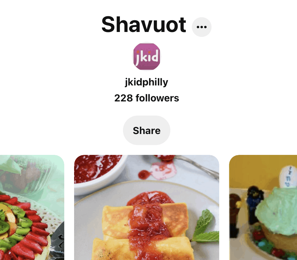 A pinterest board for Shavuot featuring different types of delicious looking foods to make that help to celebrate Shavuot.