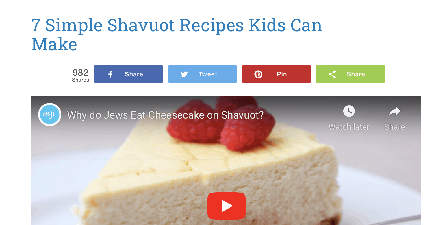A screenshot of a youtube video with the title: 7 simple Shavuot recipes kids can make, featuring a picture of a cheesecake with raspberries topped on it.