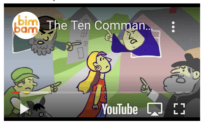 A screenshot of a youtube video called: The Ten commandments, featuring a picture of a young girl looking up at different people yelling at her and pointing their fingers at her in anger.