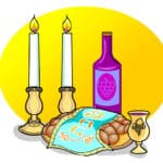 An illustration of two shabbat candlesticks, a wine/grape juice bottle, a challah covered by a blue cloth, and a gold kiddush cup.