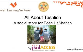 The front page of a PDF. The JLV and WCI logos are at the top. The header reads: "All about tashlich: a social story for Rosh Hashanah, by jkidaccess." In the center is a photograph of three people crouching on a dock next to a lake.