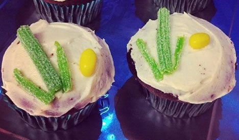 A photograph of two cupcakes, each topped with buttercream frosting, three long green candies arranged like a lulav and one yellow jelly bean to represent an etrog.