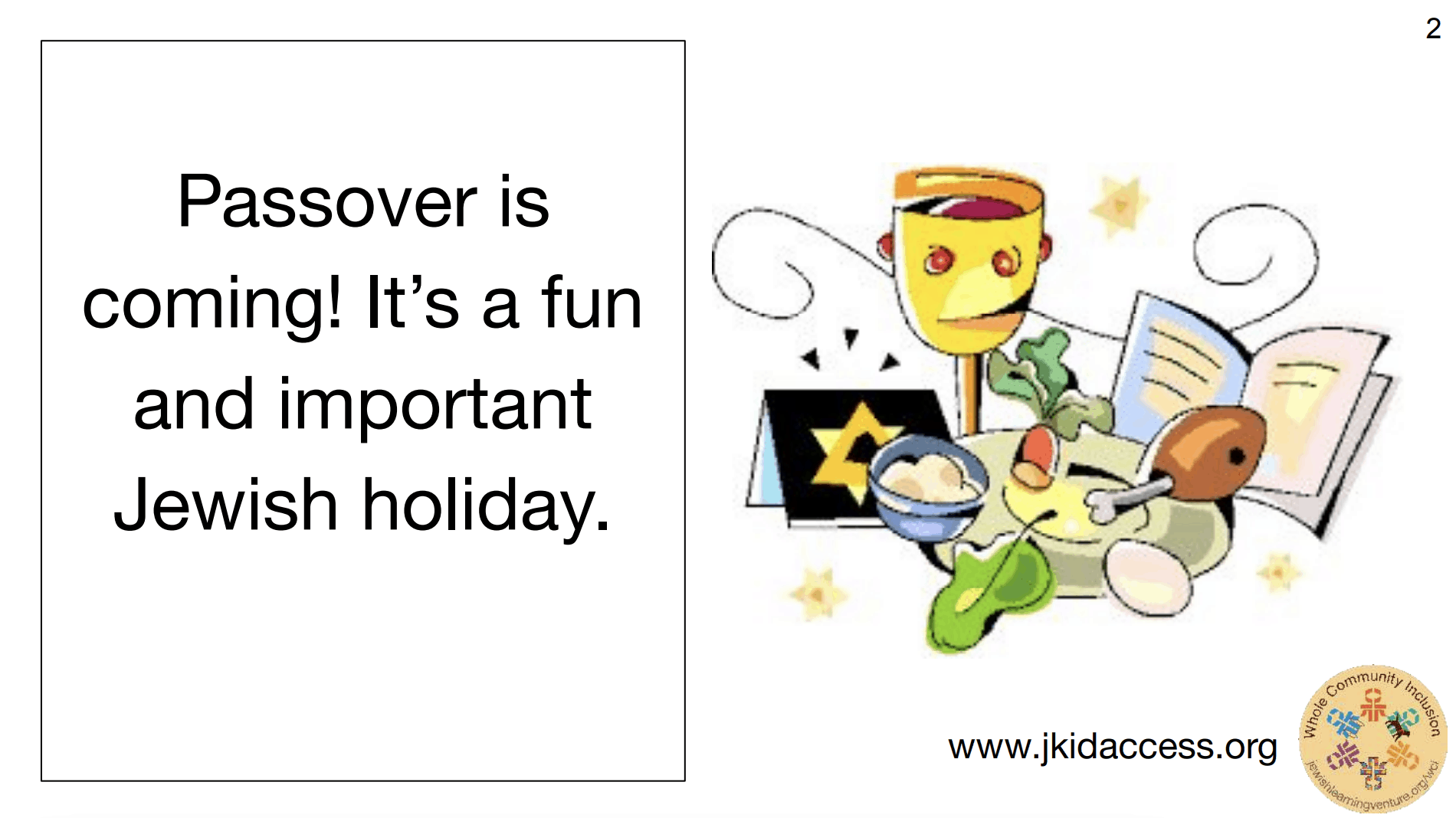 A screenshot of a PDF that says "Passover is coming! It's a fun and important Jewish holiday." On the right, there's an illustration of a kiddush cup, a booklet, and a seder plate.