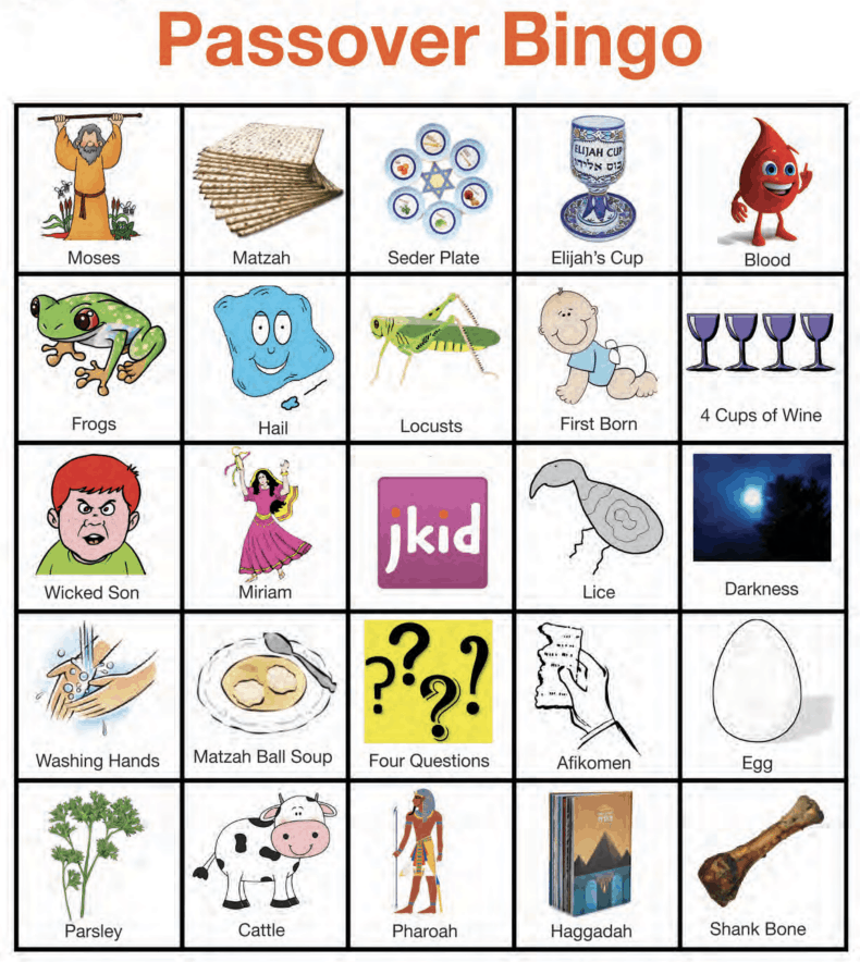 A screenshot of a Passover Bingo board with a 5x5 grid of various Passover symbols.