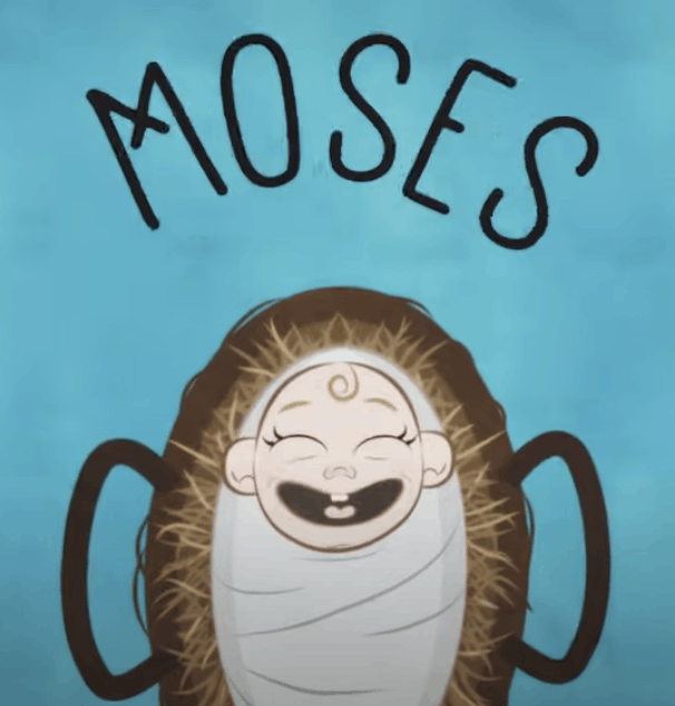 An illustration of a smiling baby in a basket with "Moses" written above it.