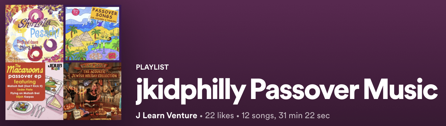 A screenshot of a Spotify playlist titled "jkidphilly Passover Music"