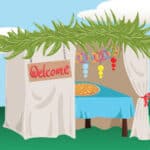 An illustration of a sukkah with a pizza on a table inside. A sign outside the sukkah says 