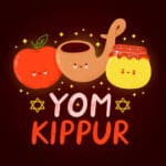 Cute graphics of an apple, a shofar, and a honey pot, each with faces, above the words "Yom Kippur" 