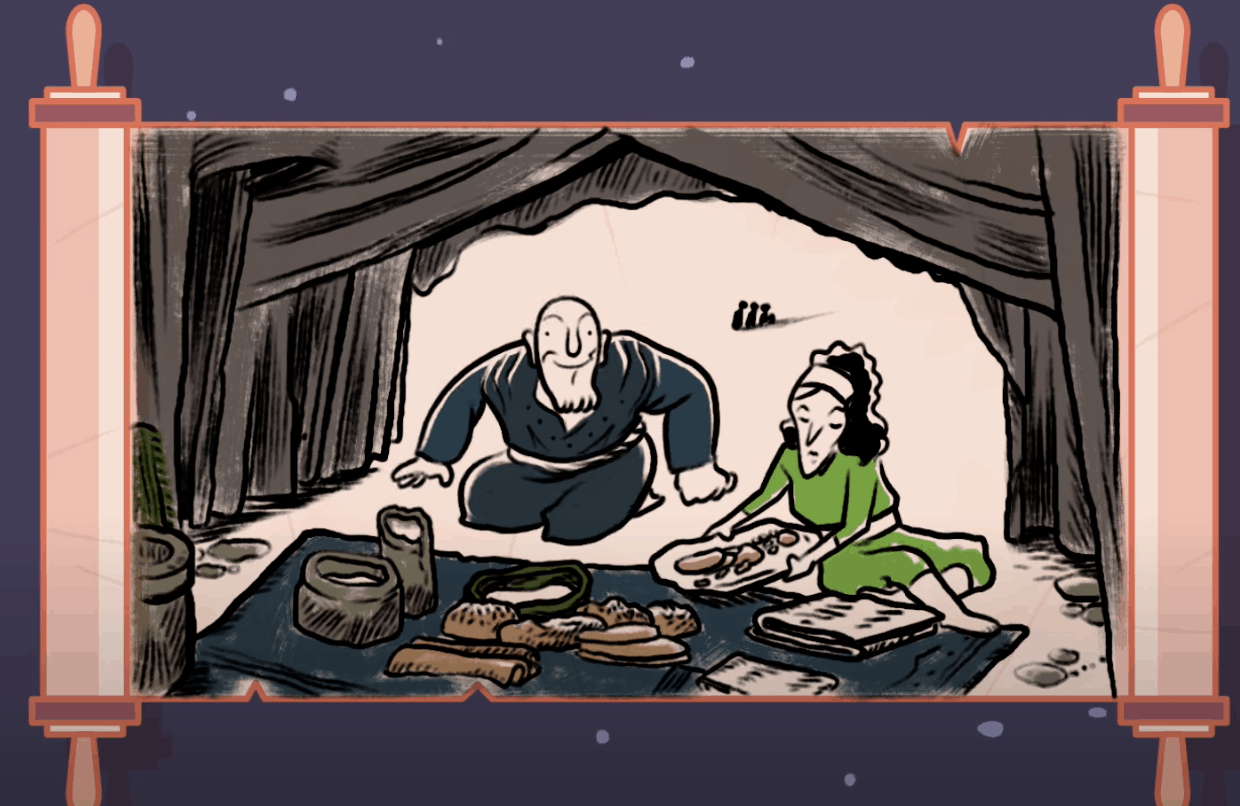 A screenshot of a video showing Abraham and Sarah setting up a meal on a rug in their tent. The outline of the illustration is a Torah scroll.