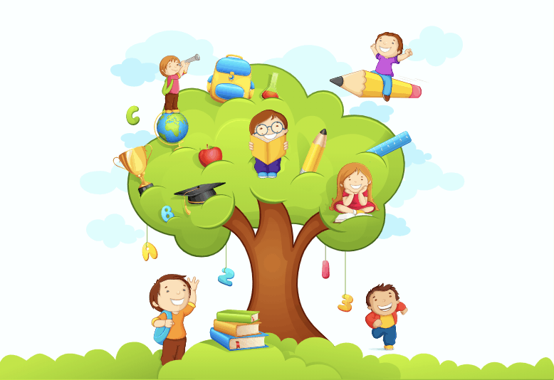 An illustration of a tree with kids sitting in the tree and around its base, and with different icons like pencils around its leaves.