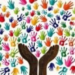 An illustration of two brown hands reaching upwards, surrounded by dozens of handprints in a wide variety of colors.