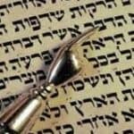 A close-up photograph of text from the Torah with a yad (pointer) pointing to one word.