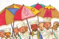 An illustration of a bunch of people in Ethiopian dress, holding colorful umbrellas